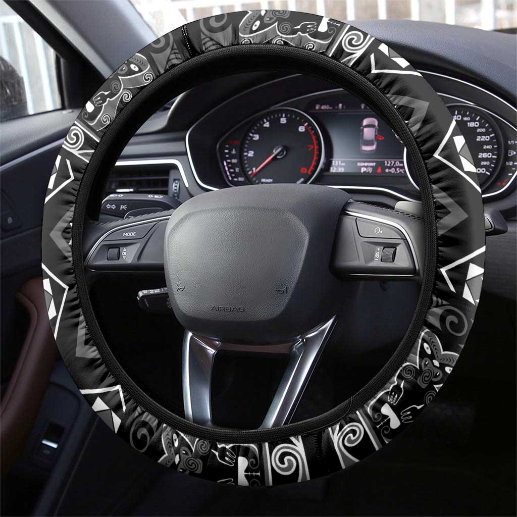 Taniko Motifs Aotearoa Steering Wheel Cover Waitangi Kowhaiwhai Kiwi - Monochrome LT7 - Polynesian Pride