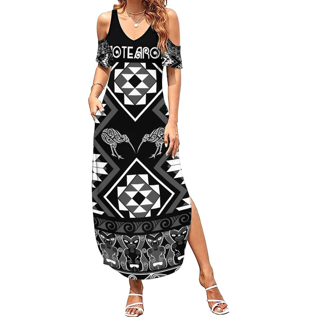 Personalised Taniko Motifs Aotearoa Summer Maxi Dress Waitangi Kowhaiwhai Kiwi - Monochrome