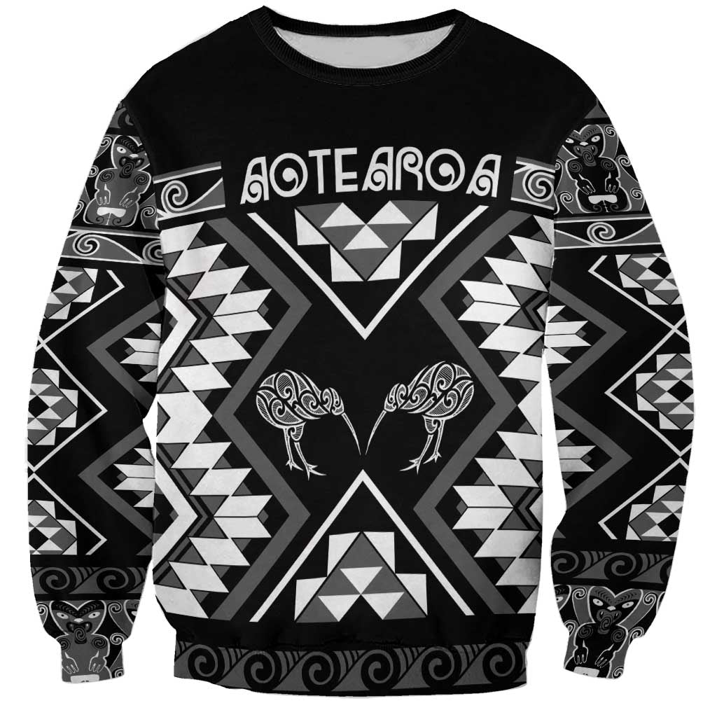Personalised Taniko Motifs Aotearoa Sweatshirt Waitangi Kowhaiwhai Kiwi - Monochrome LT7 Unisex Grey - Polynesian Pride
