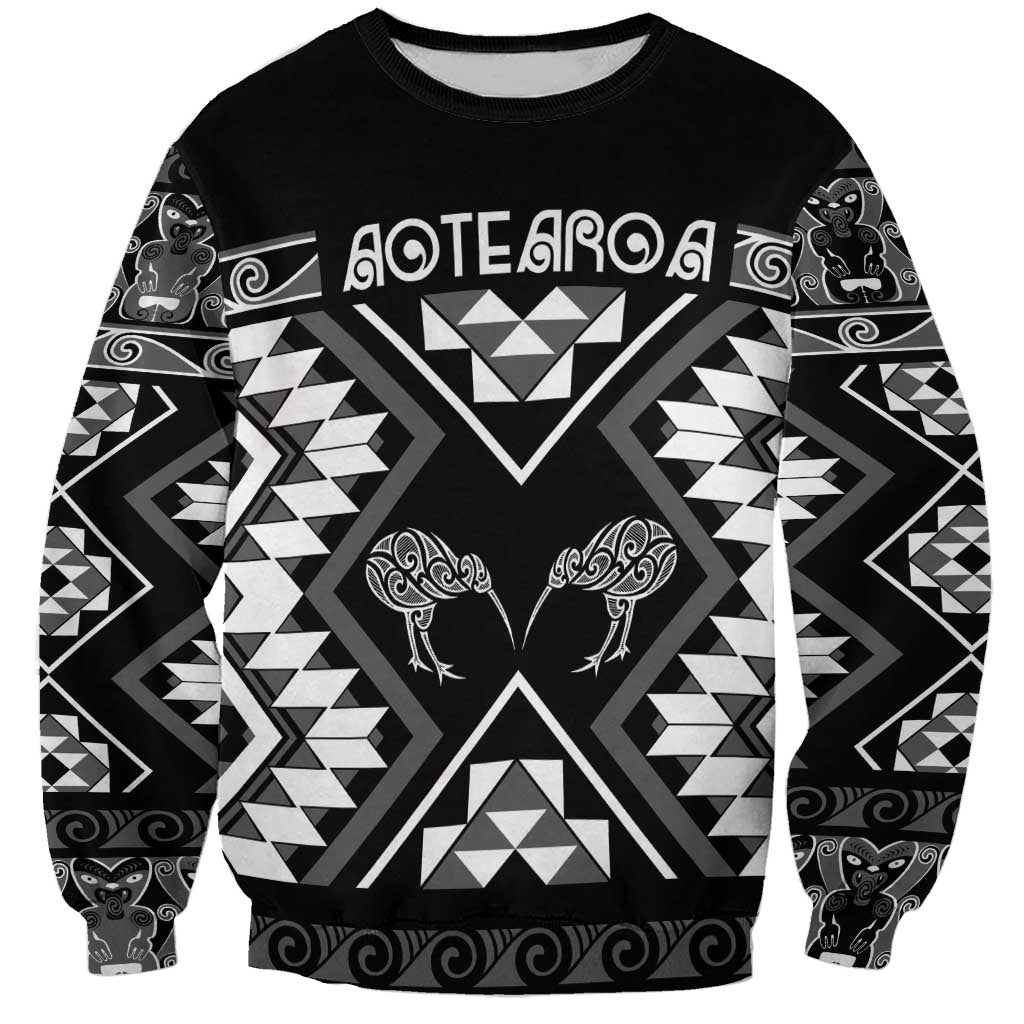 Personalised Taniko Motifs Aotearoa Sweatshirt Waitangi Kowhaiwhai Kiwi - Monochrome