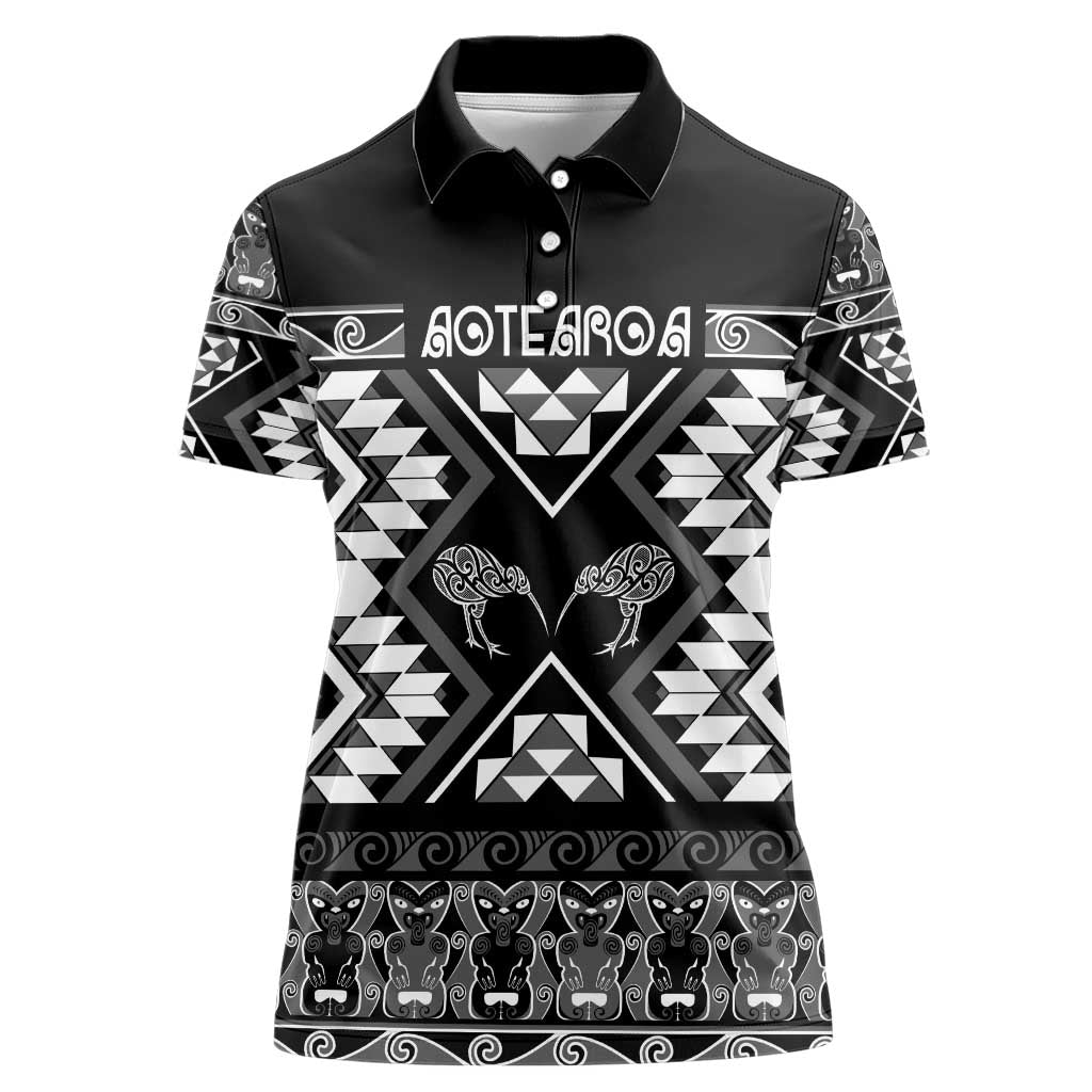 Personalised Taniko Motifs Aotearoa Women Polo Shirt Waitangi Kowhaiwhai Kiwi - Monochrome