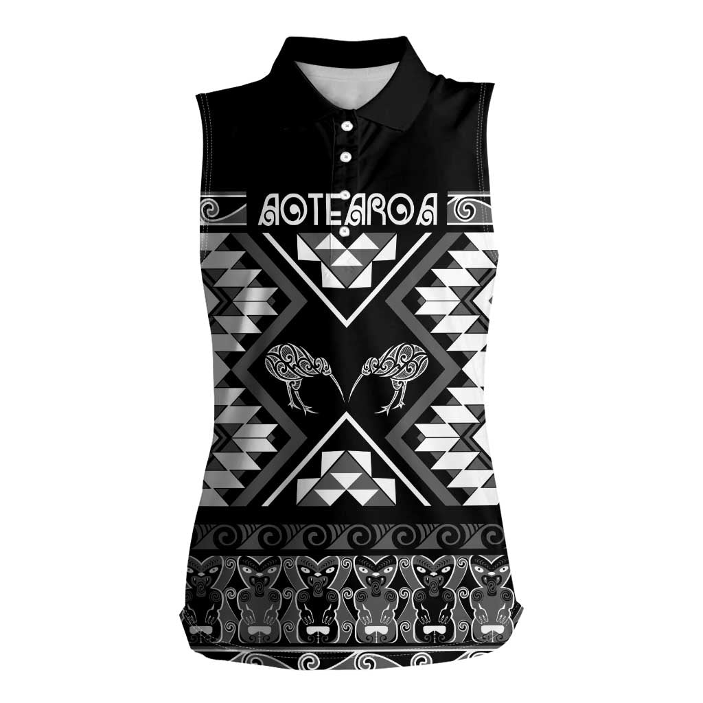 Personalised Taniko Motifs Aotearoa Women Sleeveless Polo Shirt Waitangi Kowhaiwhai Kiwi - Monochrome