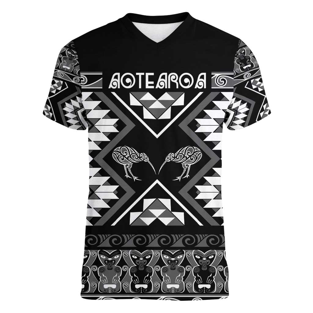 Personalised Taniko Motifs Aotearoa Women V-Neck T-Shirt Waitangi Kowhaiwhai Kiwi - Monochrome