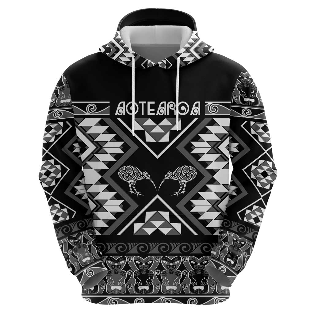 Personalised Taniko Motifs Aotearoa Zip Hoodie Waitangi Kowhaiwhai Kiwi - Monochrome