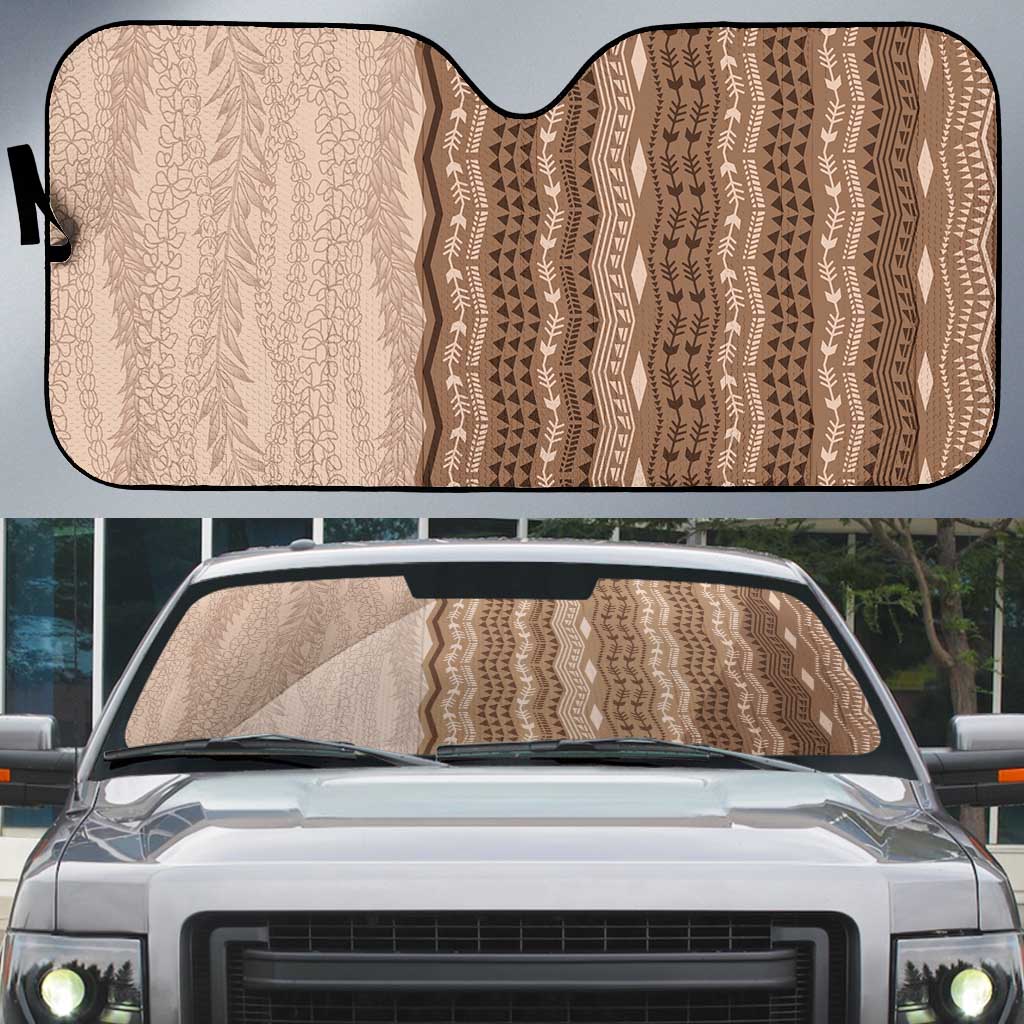 Vintage Beige Hawaiian Traditional Kapa Mix Flowers Lei Auto Sun Shade LT7 Beige - Polynesian Pride