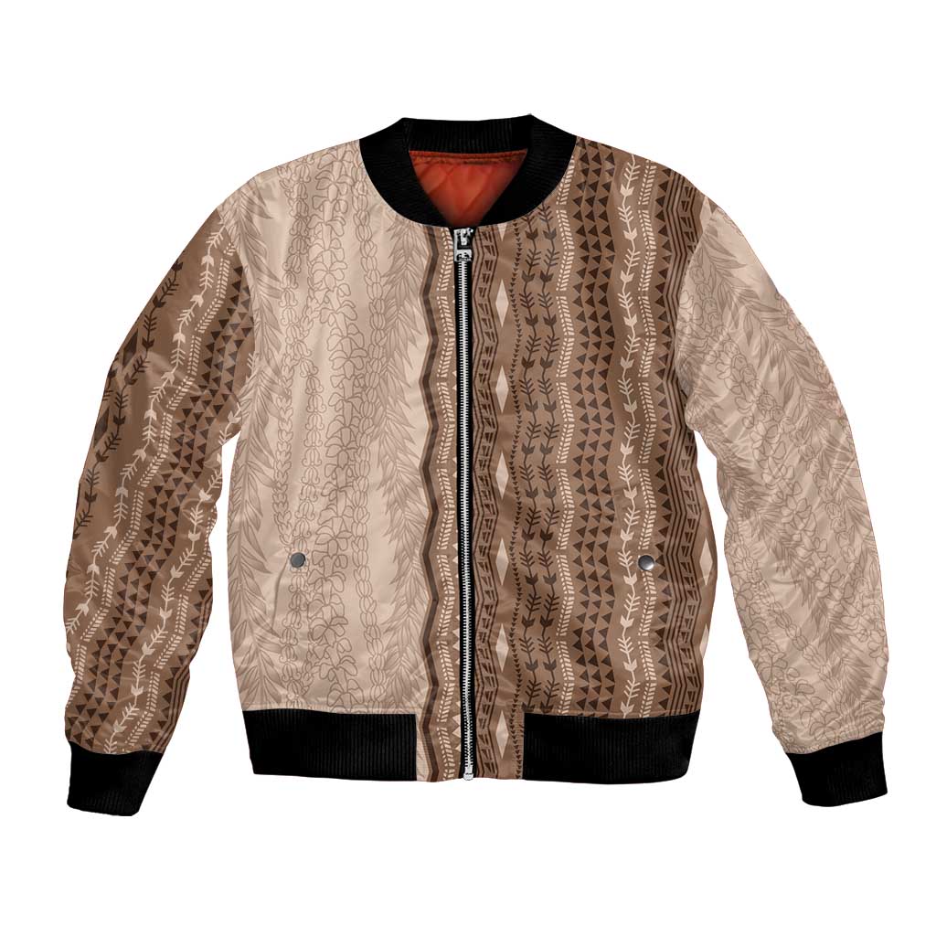Vintage Beige Hawaiian Traditional Kapa Mix Flowers Lei Bomber Jacket LT7 Unisex Beige - Polynesian Pride