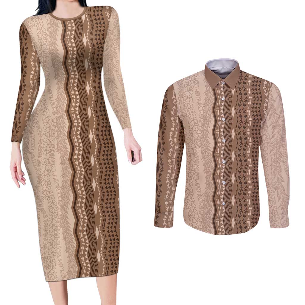 Vintage Beige Hawaiian Traditional Kapa Mix Flowers Lei Couples Matching Long Sleeve Bodycon Dress and Long Sleeve Button Shirt