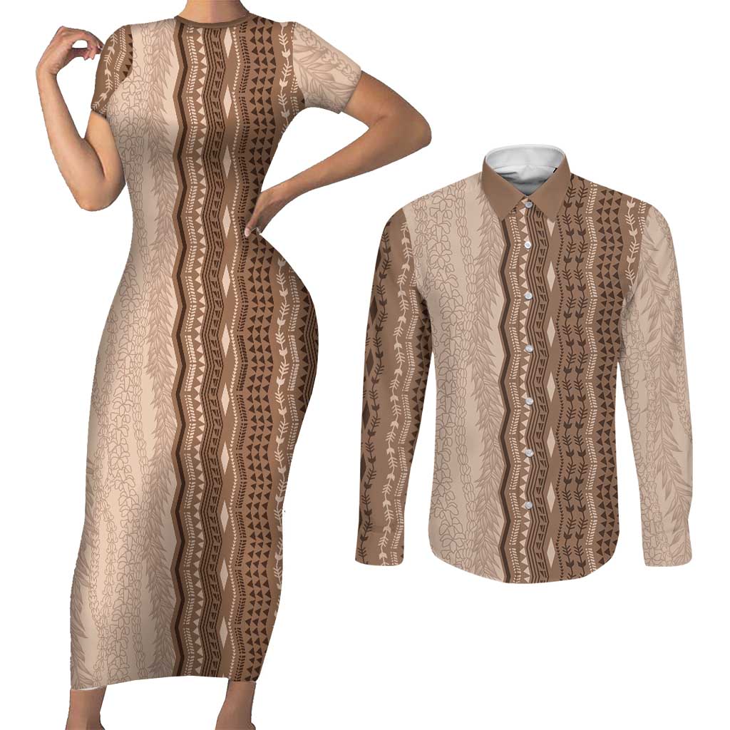Vintage Beige Hawaiian Traditional Kapa Mix Flowers Lei Couples Matching Short Sleeve Bodycon Dress and Long Sleeve Button Shirt LT7 Beige - Polynesian Pride