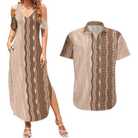Vintage Beige Hawaiian Traditional Kapa Mix Flowers Lei Couples Matching Summer Maxi Dress and Hawaiian Shirt