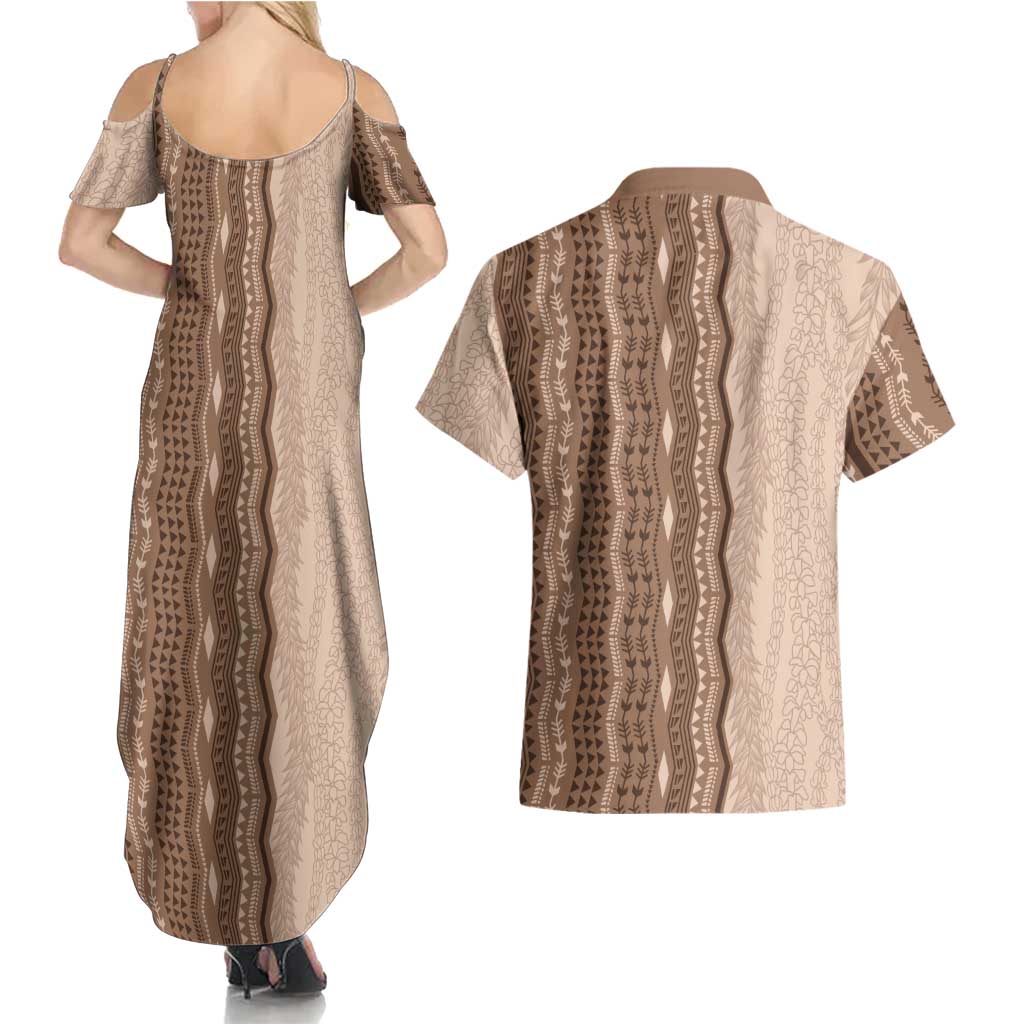 Vintage Beige Hawaiian Traditional Kapa Mix Flowers Lei Couples Matching Summer Maxi Dress and Hawaiian Shirt