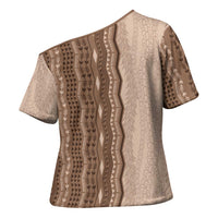 Vintage Beige Hawaiian Traditional Kapa Mix Flowers Lei Cross Shoulder Shirt LT7 - Polynesian Pride