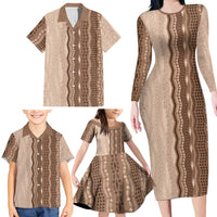 Vintage Beige Hawaiian Traditional Kapa Mix Flowers Lei Family Matching Long Sleeve Bodycon Dress and Hawaiian Shirt