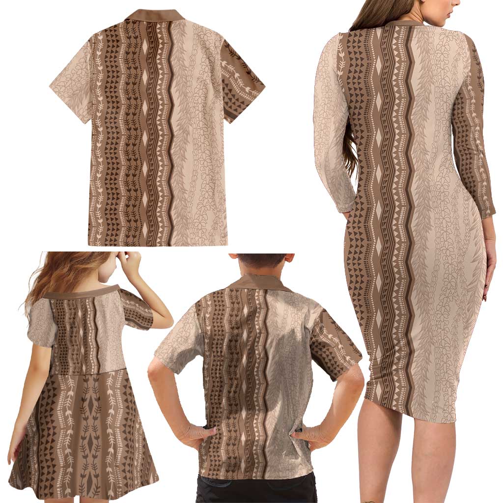Vintage Beige Hawaiian Traditional Kapa Mix Flowers Lei Family Matching Long Sleeve Bodycon Dress and Hawaiian Shirt