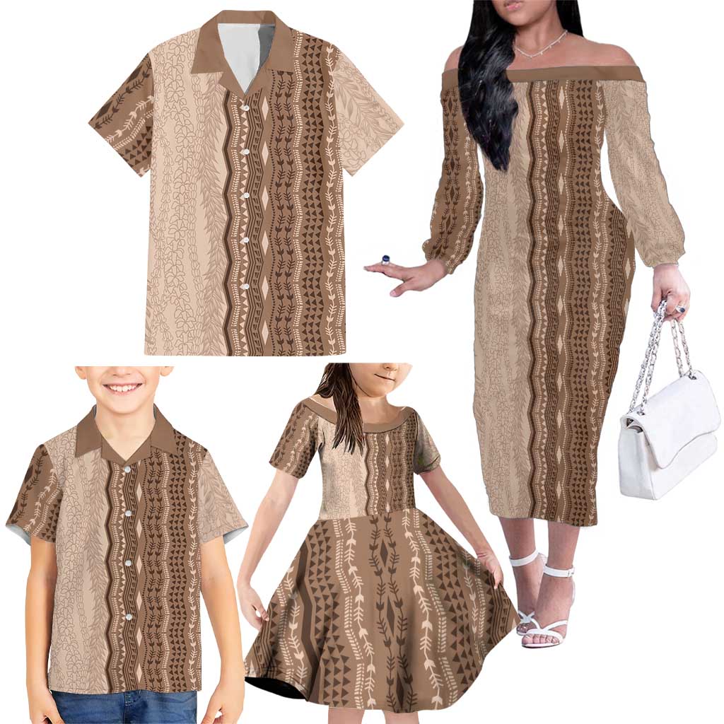 Vintage Beige Hawaiian Traditional Kapa Mix Flowers Lei Family Matching Off The Shoulder Long Sleeve Dress and Hawaiian Shirt LT7 - Polynesian Pride