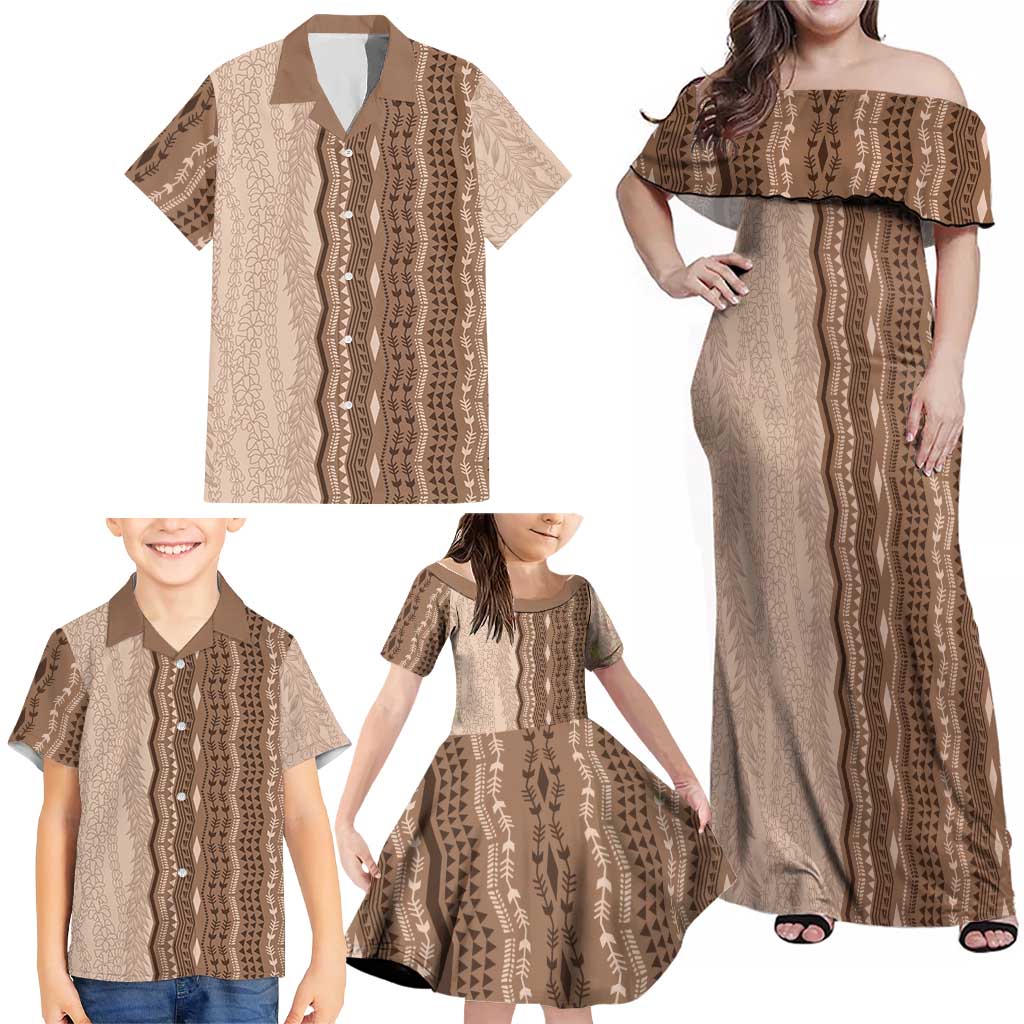 Vintage Beige Hawaiian Traditional Kapa Mix Flowers Lei Family Matching Off Shoulder Maxi Dress and Hawaiian Shirt