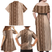 Vintage Beige Hawaiian Traditional Kapa Mix Flowers Lei Family Matching Off Shoulder Maxi Dress and Hawaiian Shirt