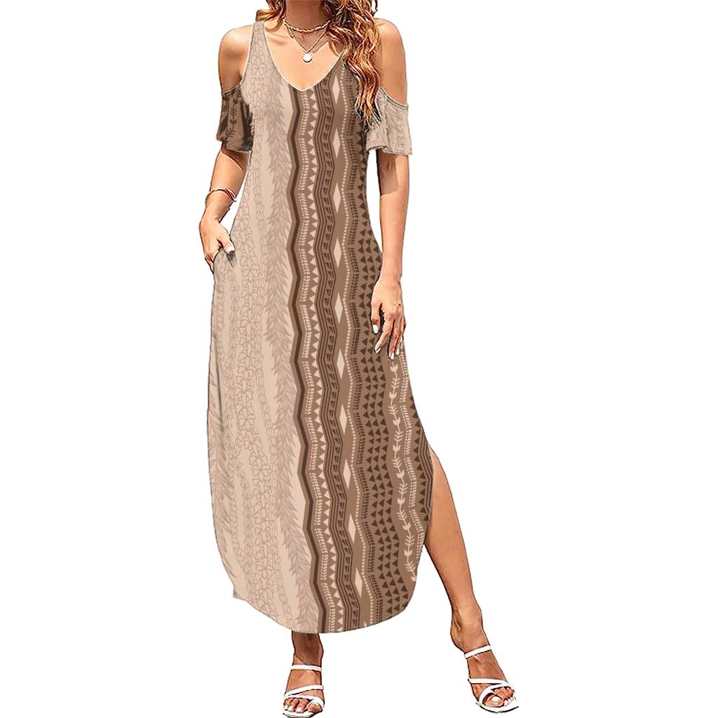Vintage Beige Hawaiian Traditional Kapa Mix Flowers Lei Family Matching Summer Maxi Dress and Hawaiian Shirt