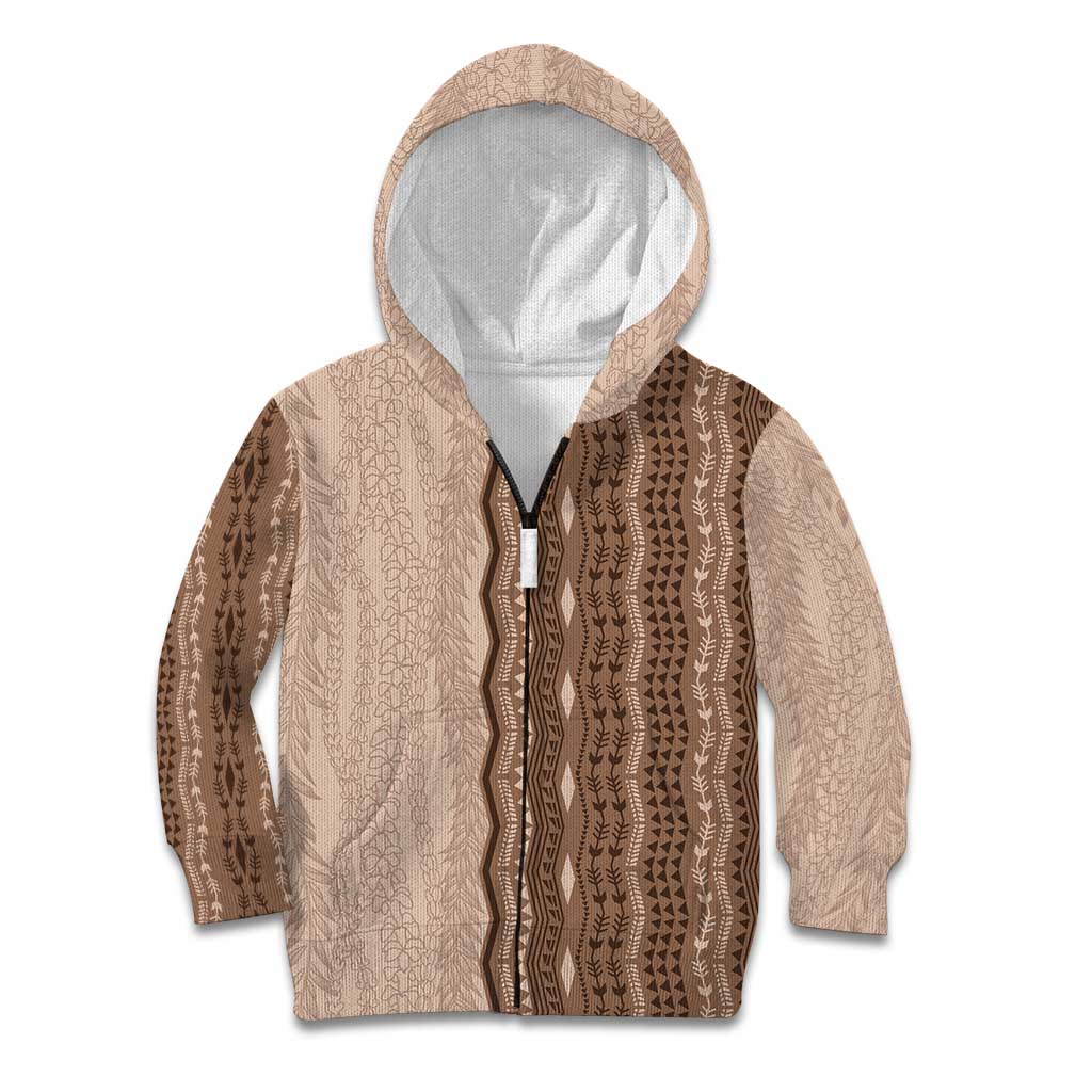Vintage Beige Hawaiian Traditional Kapa Mix Flowers Lei Kid Hoodie LT7 Zip Hoodie Beige - Polynesian Pride
