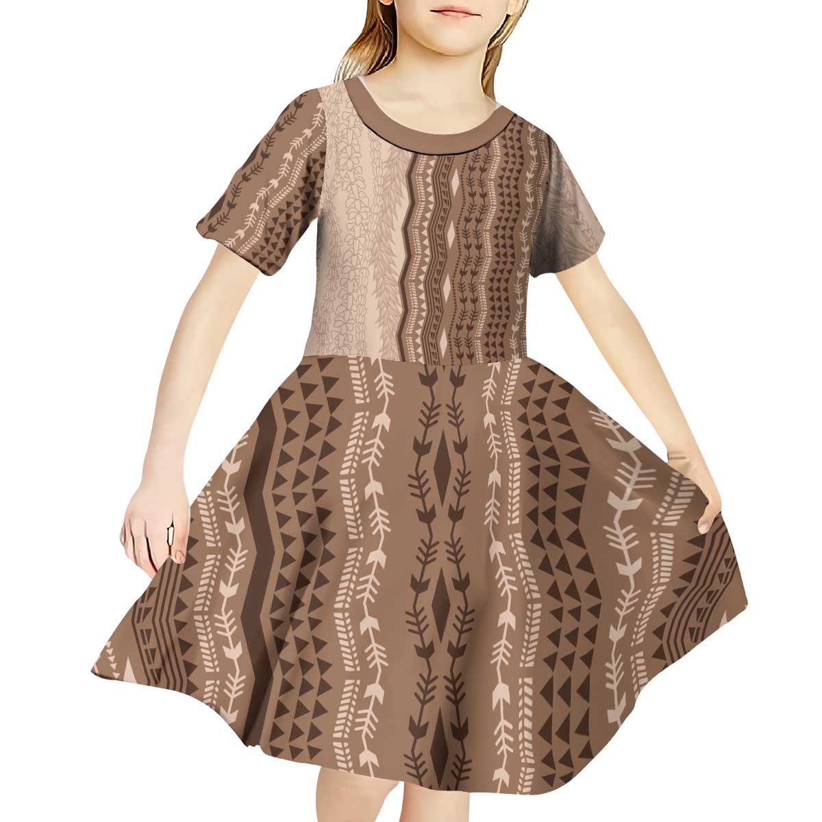 Vintage Beige Hawaiian Traditional Kapa Mix Flowers Lei Kid Short Sleeve Dress LT7 - Polynesian Pride