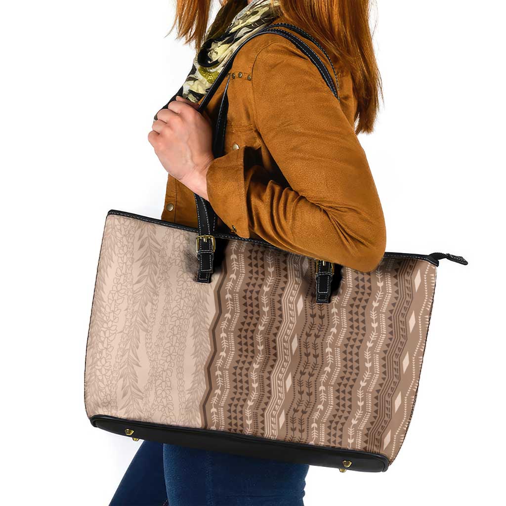 Vintage Beige Hawaiian Traditional Kapa Mix Flowers Lei Leather Tote Bag LT7 Beige - Polynesian Pride