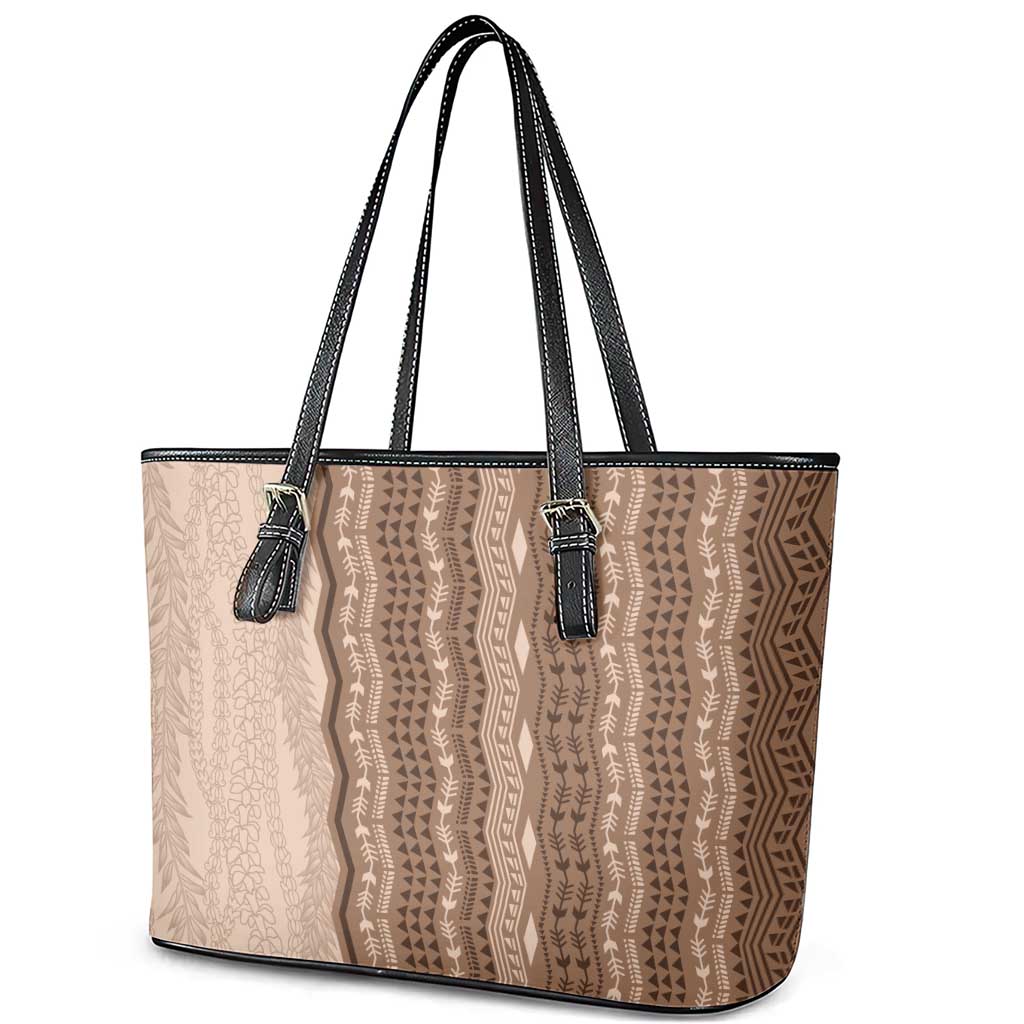 Vintage Beige Hawaiian Traditional Kapa Mix Flowers Lei Leather Tote Bag LT7 - Polynesian Pride