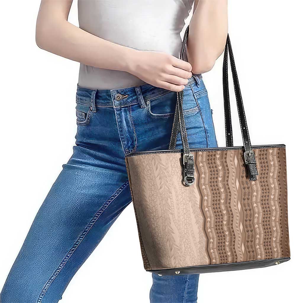 Vintage Beige Hawaiian Traditional Kapa Mix Flowers Lei Leather Tote Bag LT7 - Polynesian Pride