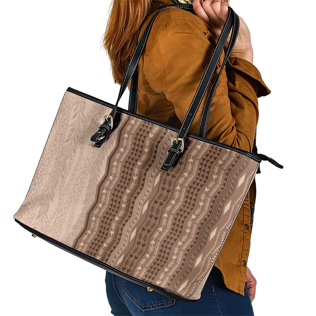 Vintage Beige Hawaiian Traditional Kapa Mix Flowers Lei Leather Tote Bag LT7 - Polynesian Pride