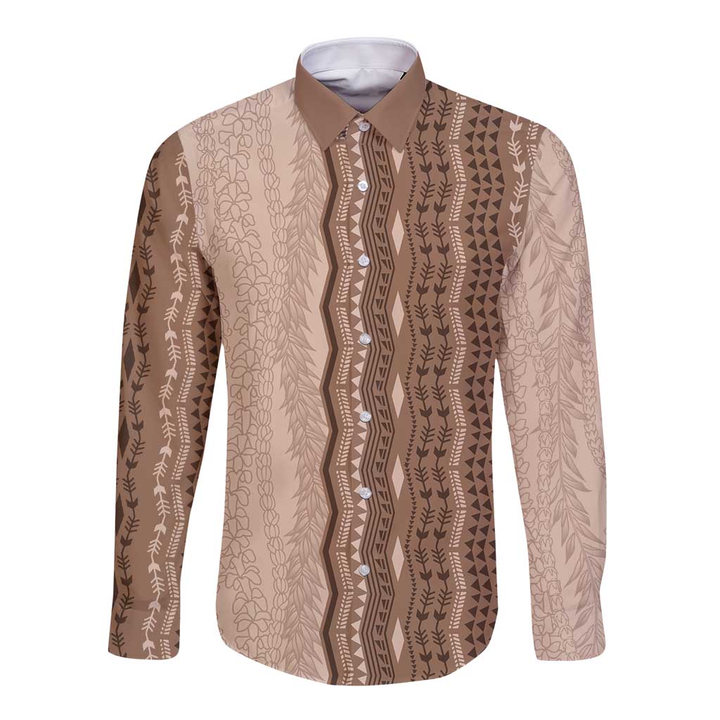 Vintage Beige Hawaiian Traditional Kapa Mix Flowers Lei Long Sleeve Button Shirt LT7 Unisex Beige - Polynesian Pride