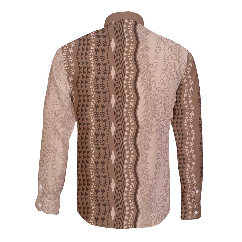 Vintage Beige Hawaiian Traditional Kapa Mix Flowers Lei Long Sleeve Button Shirt LT7 - Polynesian Pride