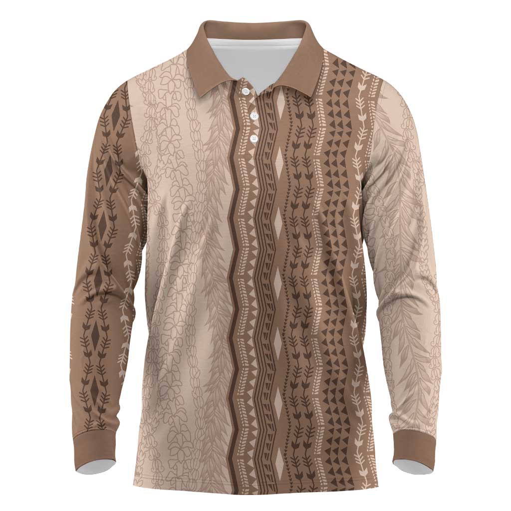 Vintage Beige Hawaiian Traditional Kapa Mix Flowers Lei Long Sleeve Polo Shirt LT7 Beige - Polynesian Pride