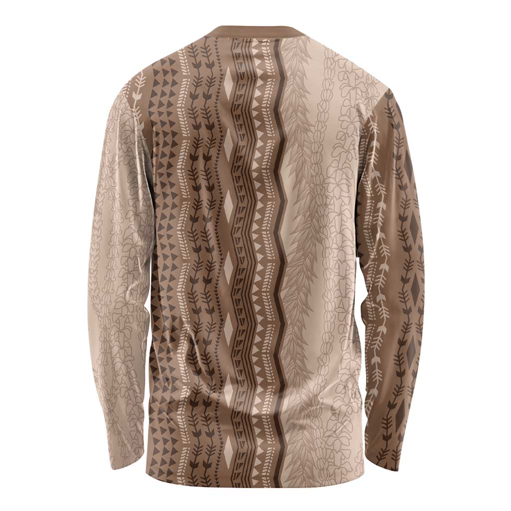 Vintage Beige Hawaiian Traditional Kapa Mix Flowers Lei Long Sleeve Shirt LT7 - Polynesian Pride