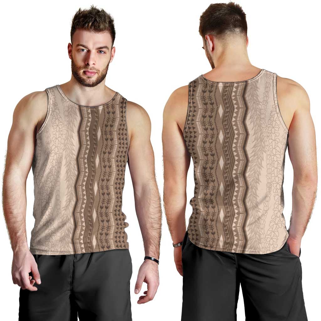 Vintage Beige Hawaiian Traditional Kapa Mix Flowers Lei Men Tank Top LT7 - Polynesian Pride
