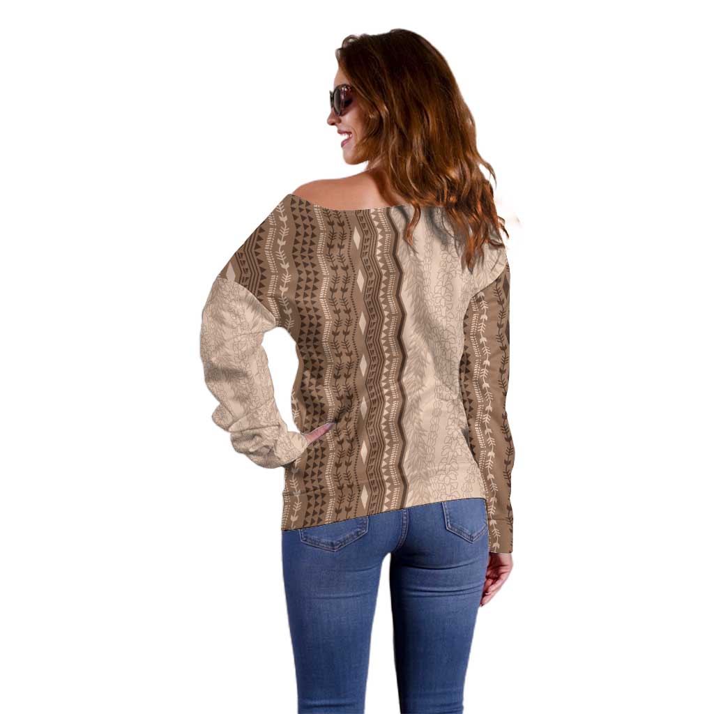 Vintage Beige Hawaiian Traditional Kapa Mix Flowers Lei Off Shoulder Sweater LT7 - Polynesian Pride