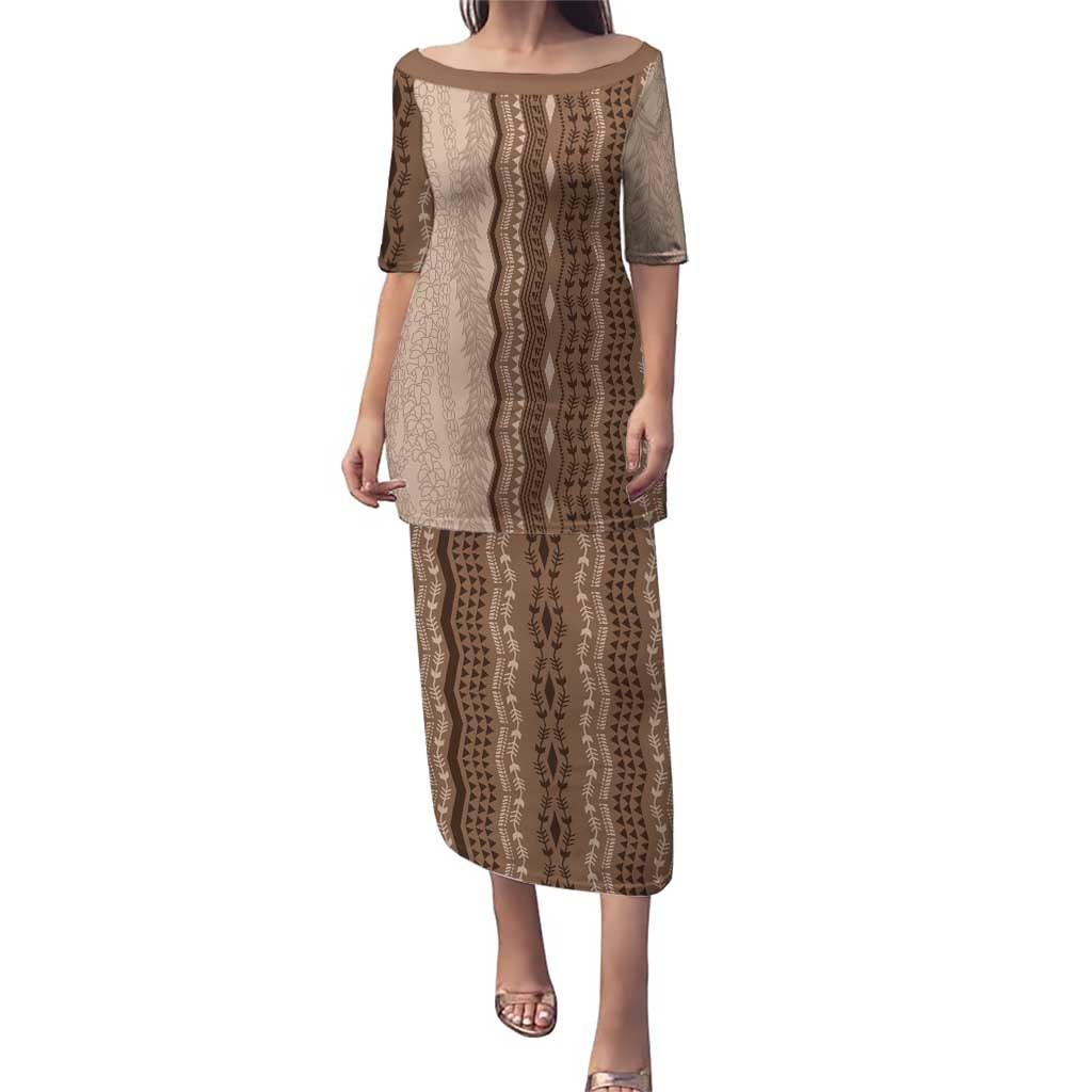 Vintage Beige Hawaiian Traditional Kapa Mix Flowers Lei Puletasi LT7 Long Dress Beige - Polynesian Pride
