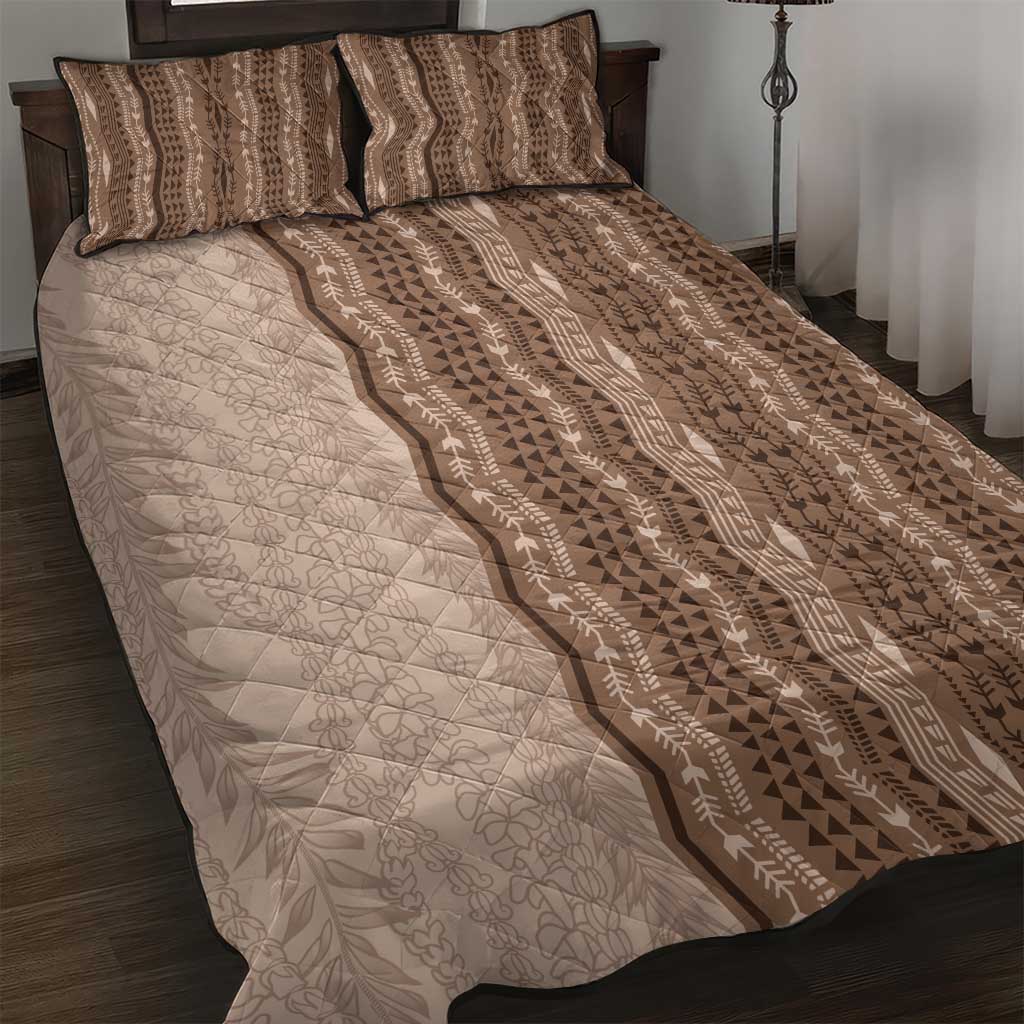 Vintage Beige Hawaiian Traditional Kapa Mix Flowers Lei Quilt Bed Set LT7 Beige - Polynesian Pride