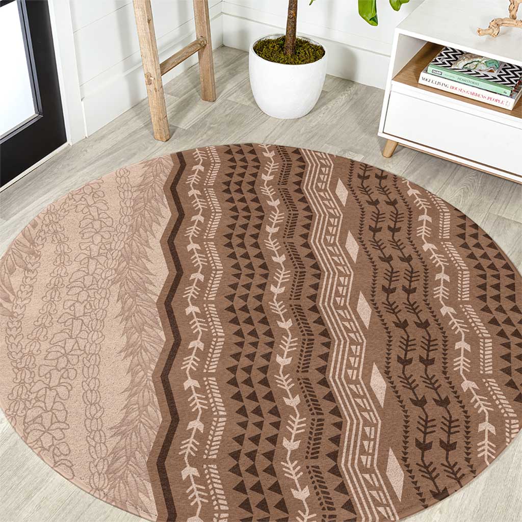 Vintage Beige Hawaiian Traditional Kapa Mix Flowers Lei Round Carpet LT7 Beige - Polynesian Pride