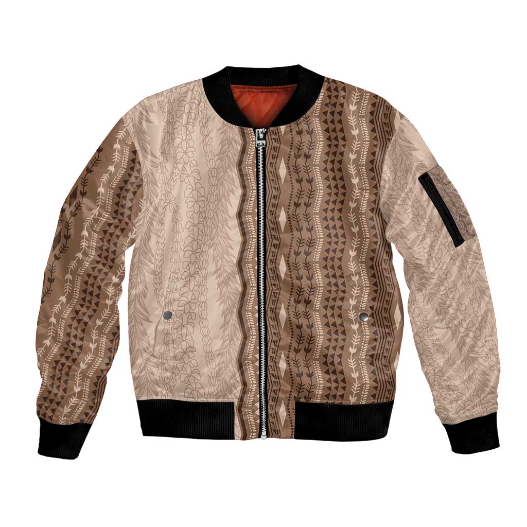Vintage Beige Hawaiian Traditional Kapa Mix Flowers Lei Sleeve Zip Bomber Jacket LT7 Unisex Beige - Polynesian Pride