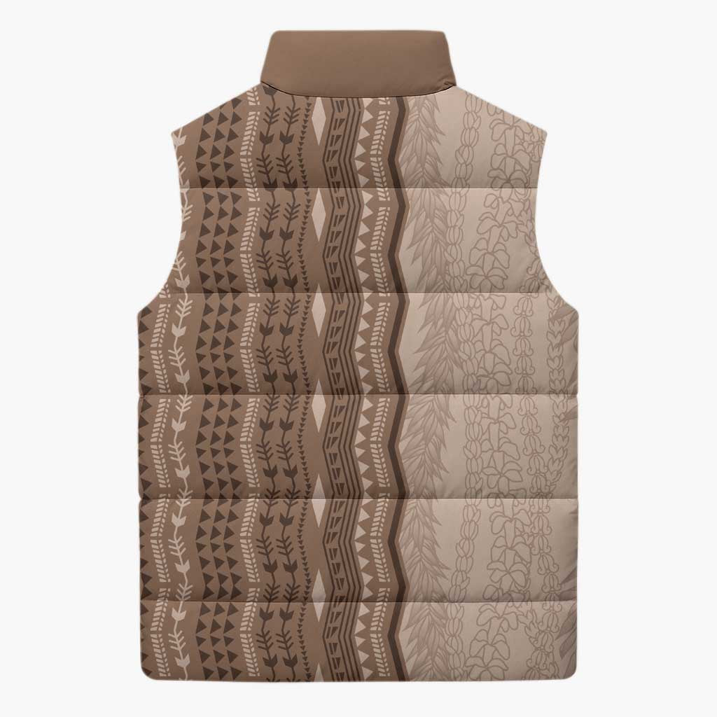 Vintage Beige Hawaiian Traditional Kapa Mix Flowers Lei Sleeveless Puffer Jacket LT7 - Polynesian Pride