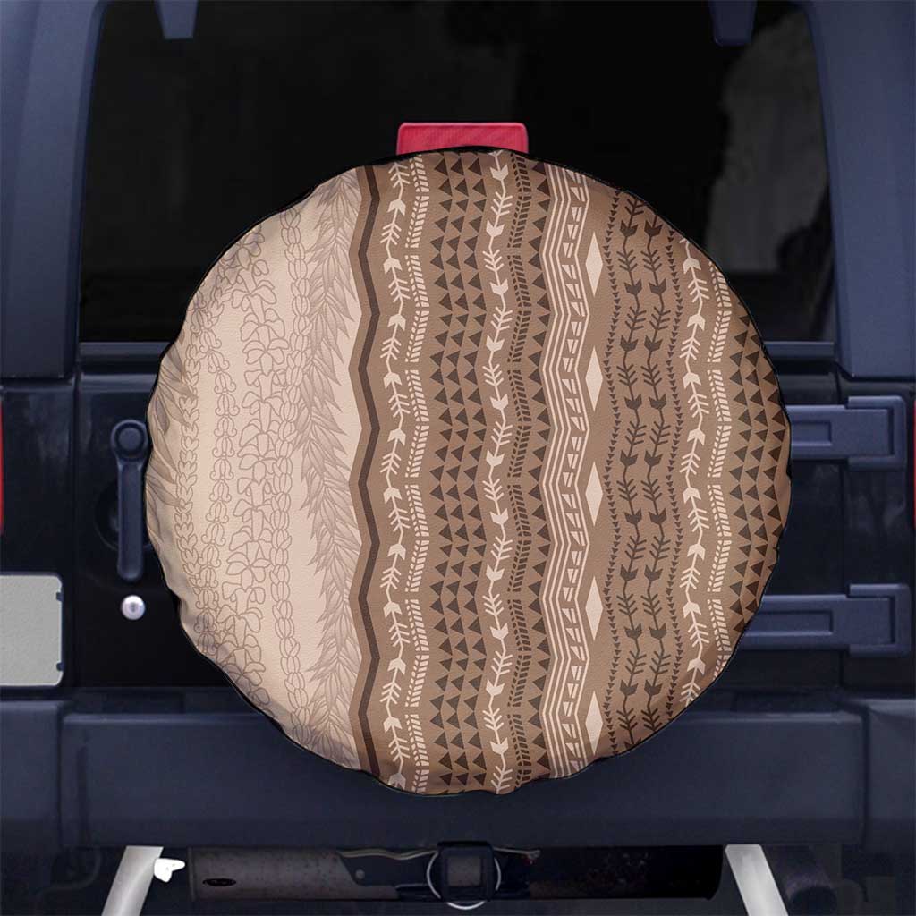 Vintage Beige Hawaiian Traditional Kapa Mix Flowers Lei Spare Tire Cover LT7 No hole Beige - Polynesian Pride