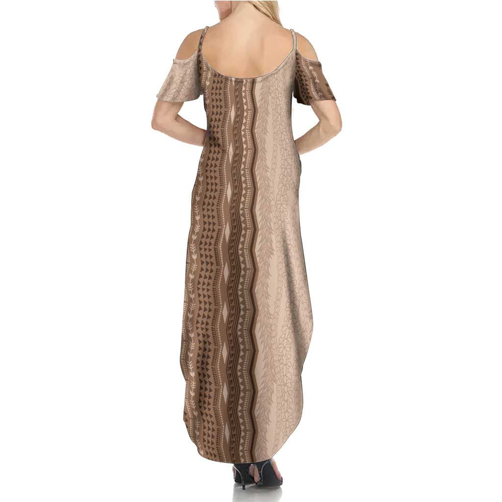 Vintage Beige Hawaiian Traditional Kapa Mix Flowers Lei Summer Maxi Dress LT7 - Polynesian Pride