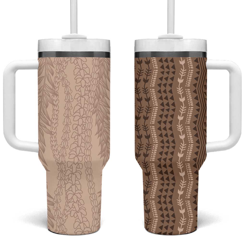 Vintage Beige Hawaiian Traditional Kapa Mix Flowers Lei Tumbler With Handle LT7 One Size: 40 oz Beige - Polynesian Pride
