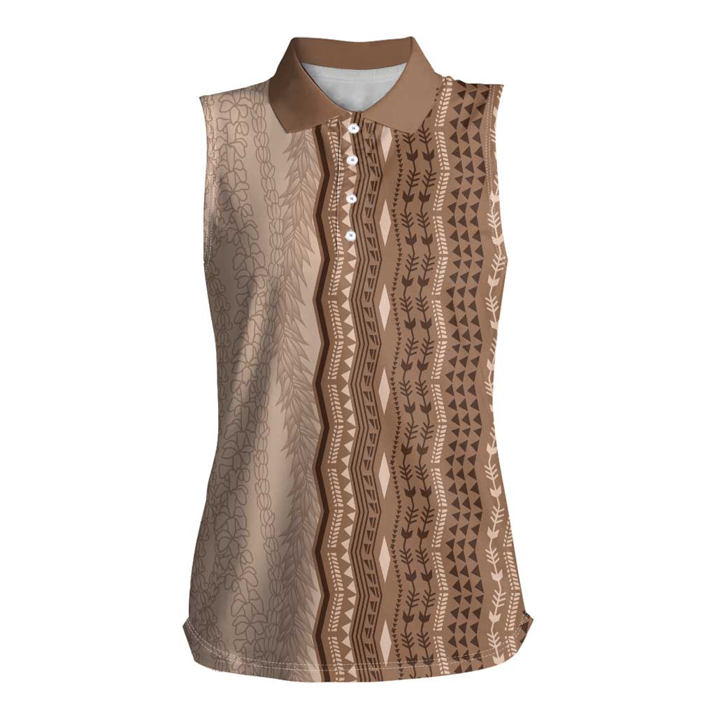 Vintage Beige Hawaiian Traditional Kapa Mix Flowers Lei Women Sleeveless Polo Shirt LT7 Female Beige - Polynesian Pride