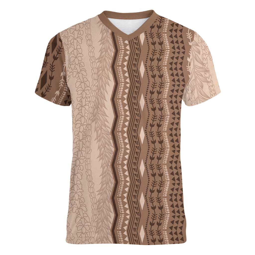 Vintage Beige Hawaiian Traditional Kapa Mix Flowers Lei Women V-Neck T-Shirt
