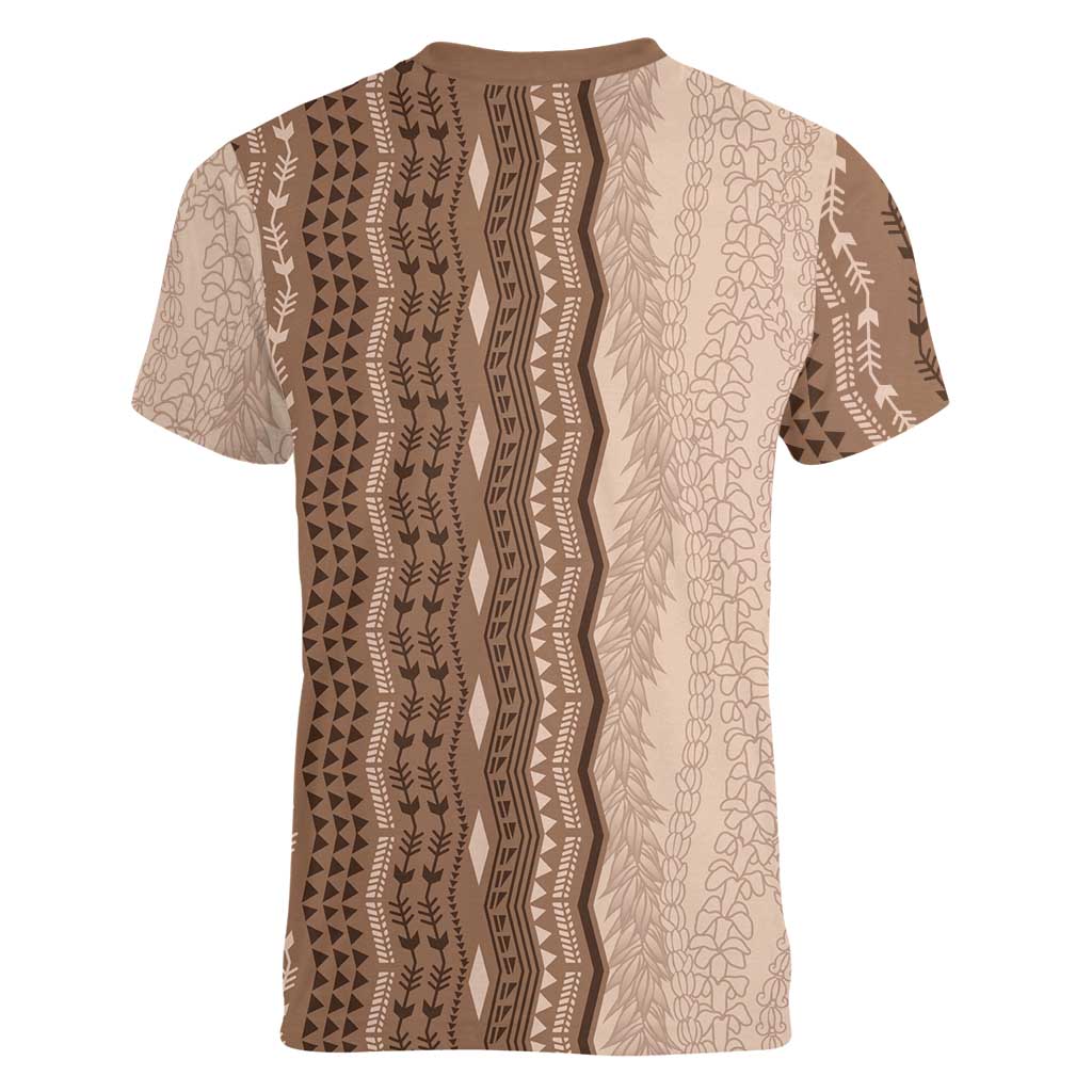 Vintage Beige Hawaiian Traditional Kapa Mix Flowers Lei Women V-Neck T-Shirt