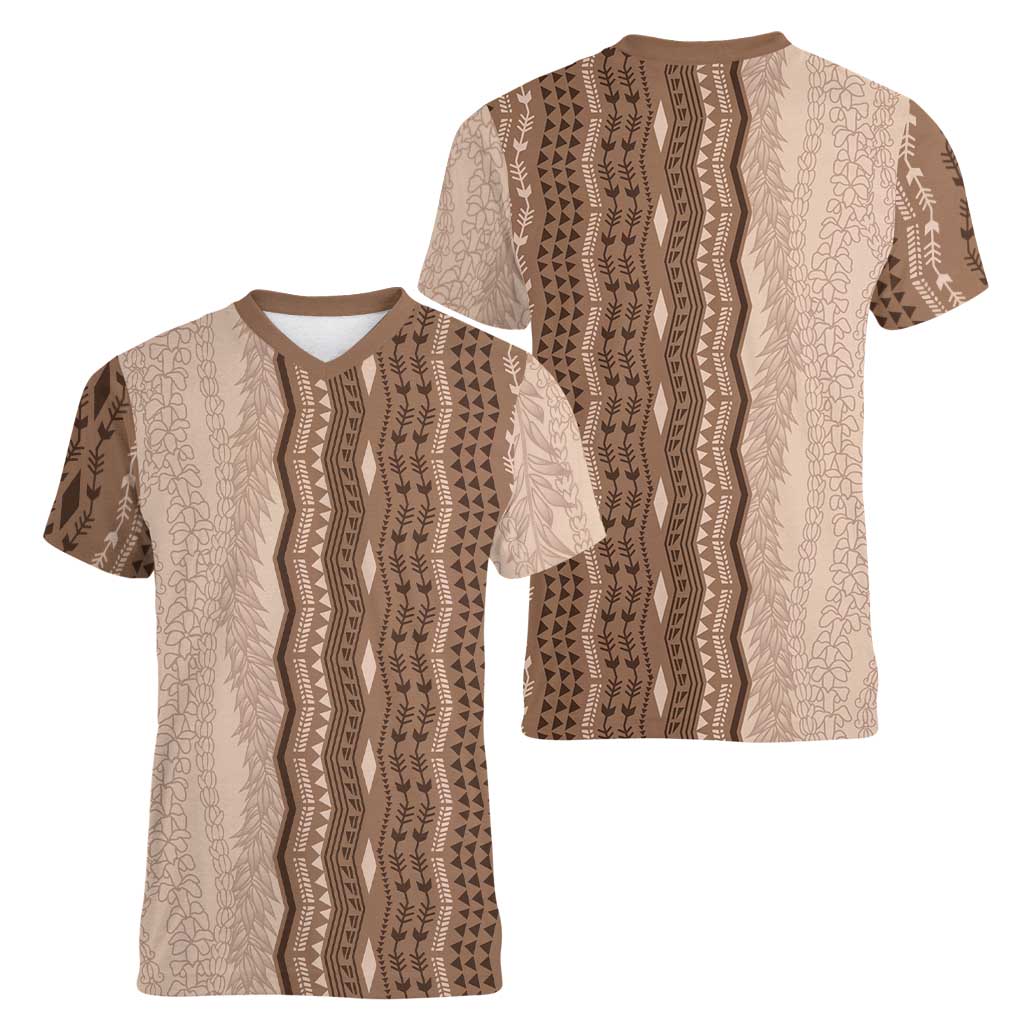 Vintage Beige Hawaiian Traditional Kapa Mix Flowers Lei Women V-Neck T-Shirt