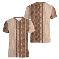Vintage Beige Hawaiian Traditional Kapa Mix Flowers Lei Women V-Neck T-Shirt