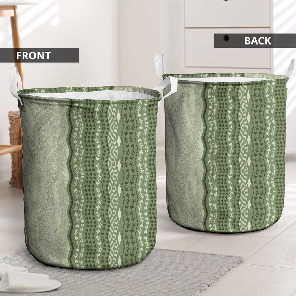 Vintage Sage Green Hawaiian Traditional Kapa Mix Flowers Lei Laundry Basket LT7 - Polynesian Pride
