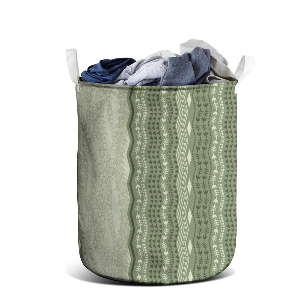 Vintage Sage Green Hawaiian Traditional Kapa Mix Flowers Lei Laundry Basket LT7 - Polynesian Pride