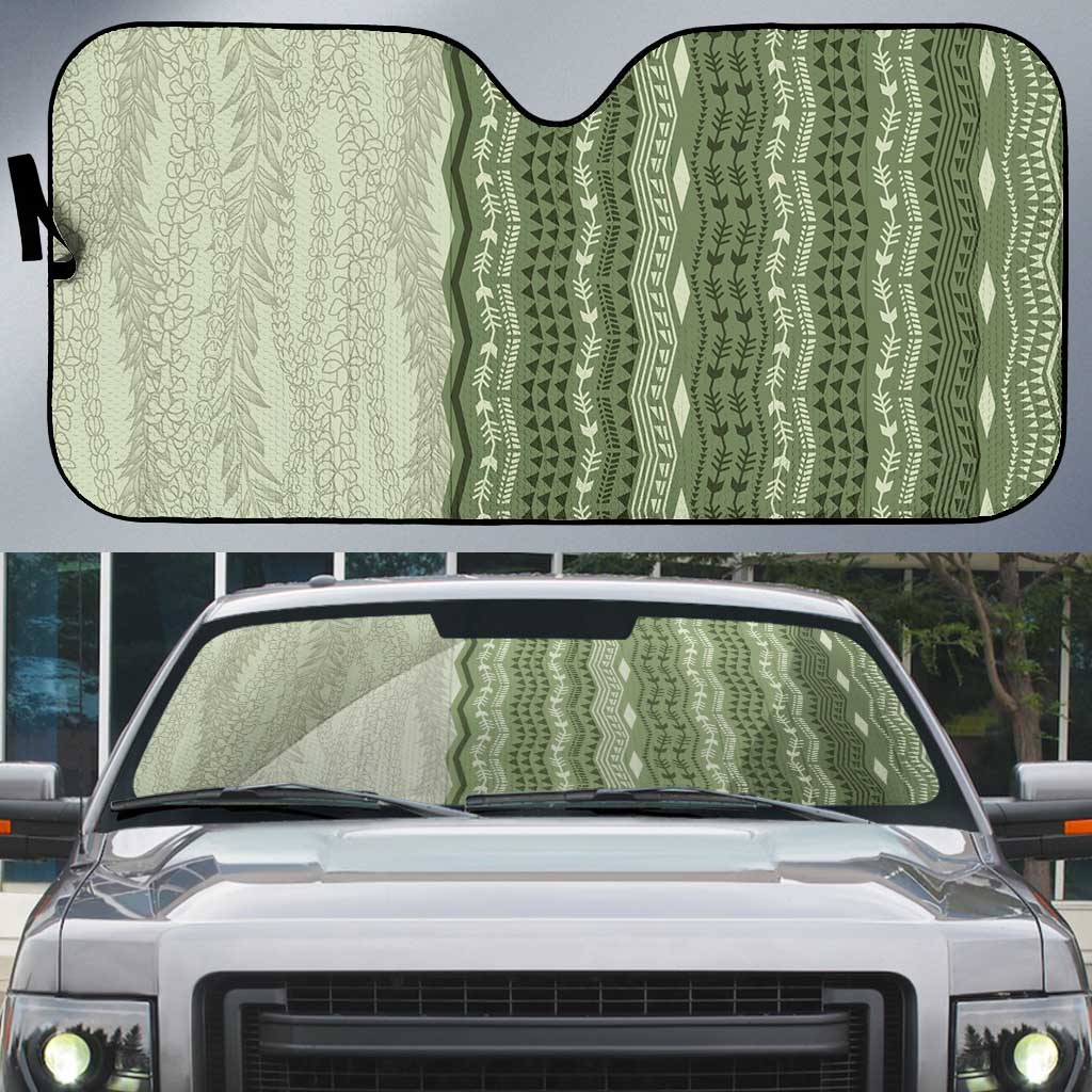 Vintage Sage Green Hawaiian Traditional Kapa Mix Flowers Lei Auto Sun Shade LT7 Sage Green - Polynesian Pride