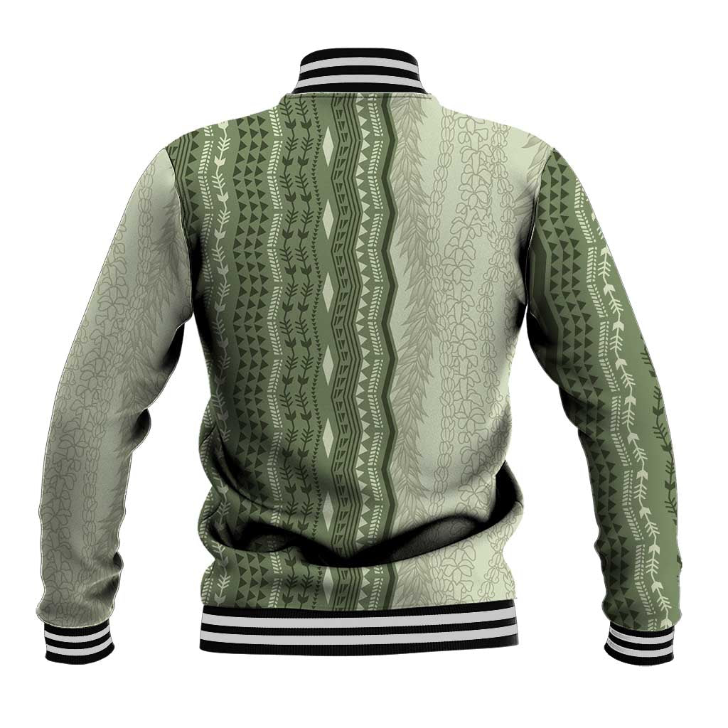 Vintage Sage Green Hawaiian Traditional Kapa Mix Flowers Lei Baseball Jacket LT7 - Polynesian Pride